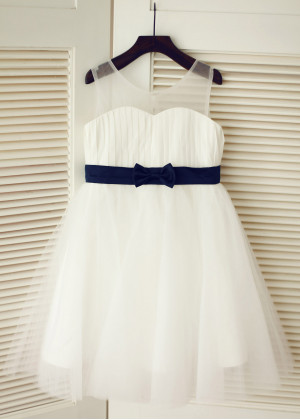 Ivory Pleated Chiffon Tulle Knee Length Wedding Flower Girl Dress